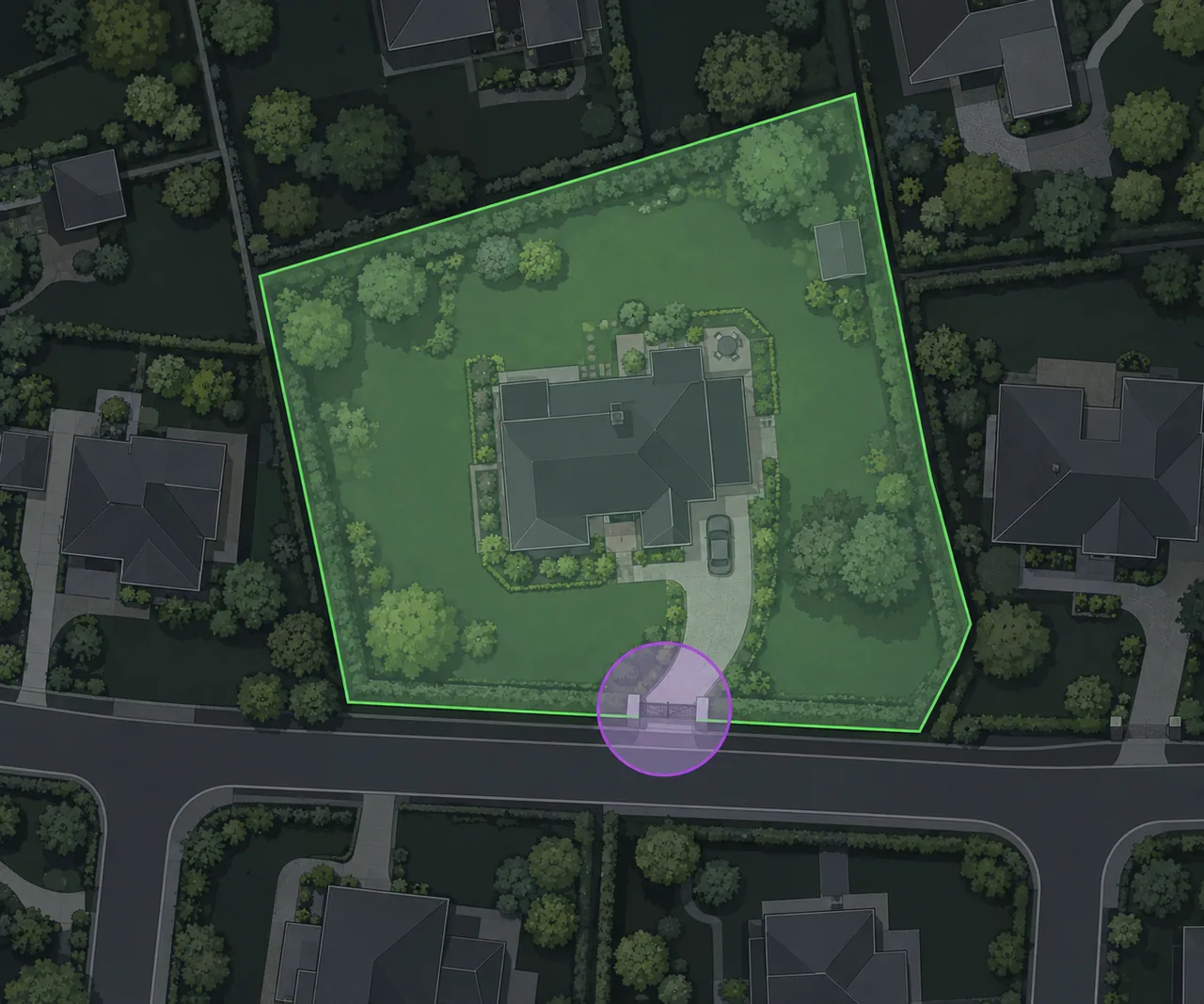 A fictional dark map showing a green polygon Perimeter around a residential property and a smaller purple circular Entry zone at its front gate.